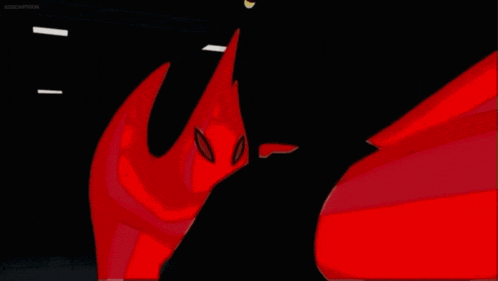a red cartoon character is flying through the air in a black background .