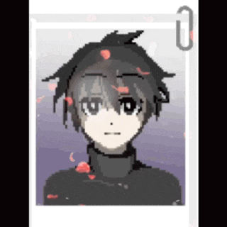 a pixel art drawing of a boy with a paper clip in the corner