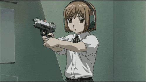 a girl wearing headphones is holding a gun with her eyes closed