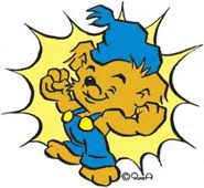 a cartoon dog with a blue hat on is flexing his muscles .