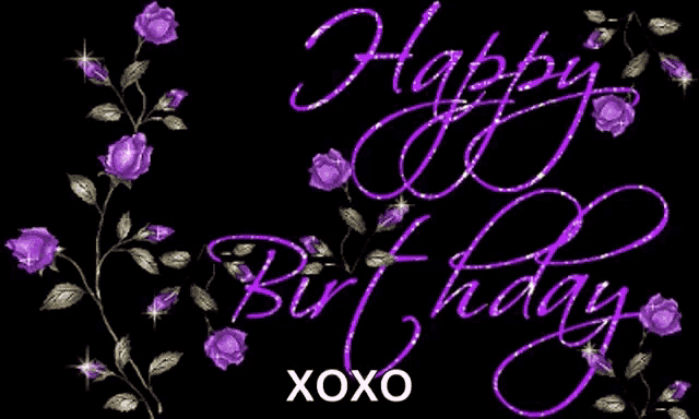 a black background with purple flowers and the words " happy birthday xoxo "