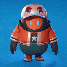 a cartoon character wearing an orange jacket and a hat
