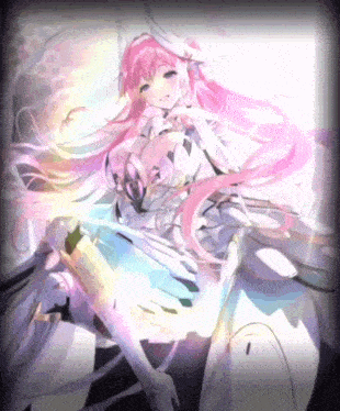 a girl with pink hair is wearing a white dress and white gloves