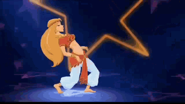 a cartoon woman is dancing on a stage in front of a star .