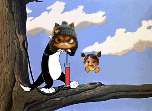 a cartoon cat pumping a little girl 's balloon on a tree branch