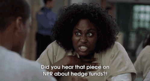 a woman is talking to a man and says " did you hear that piece on npr about hedge funds ? "