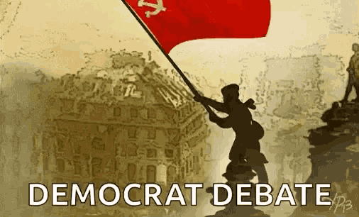 a cartoon of a girl holding a red flag with the words democrat debate written on it .