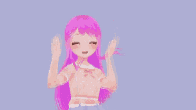 a girl with pink hair and a pink shirt is making a peace sign .