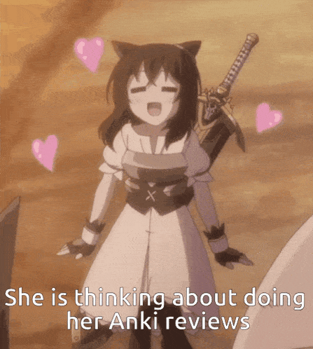 a girl with a cat ear and a sword is thinking about doing her anki reviews