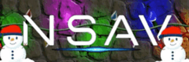 the word nsav is on a colorful background with snowmen in santa hats
