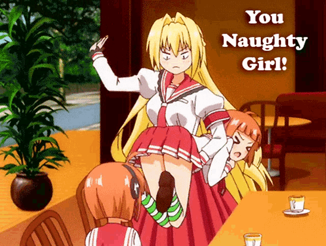 a cartoon of a girl spanking another girl with the words " you naughty girl " on the bottom