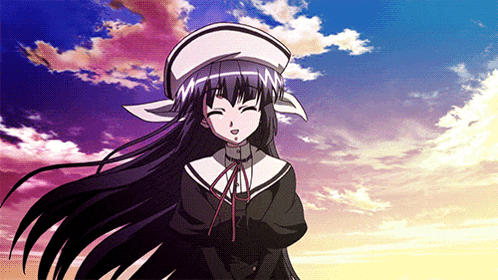 a girl with long black hair and a white hat smiles in front of a cloudy sky