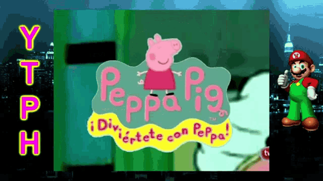 a peppa pig advertisement with a mario character in the background