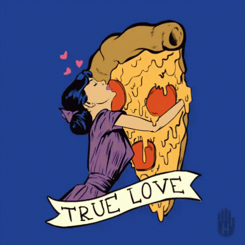 a cartoon of a woman kissing a slice of pizza with the words true love on the bottom