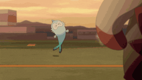 a cartoon character is jumping in the air while another character stands behind him