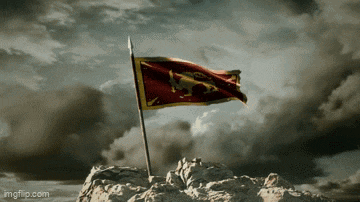 a flag with a lion on it is waving on top of a mountain