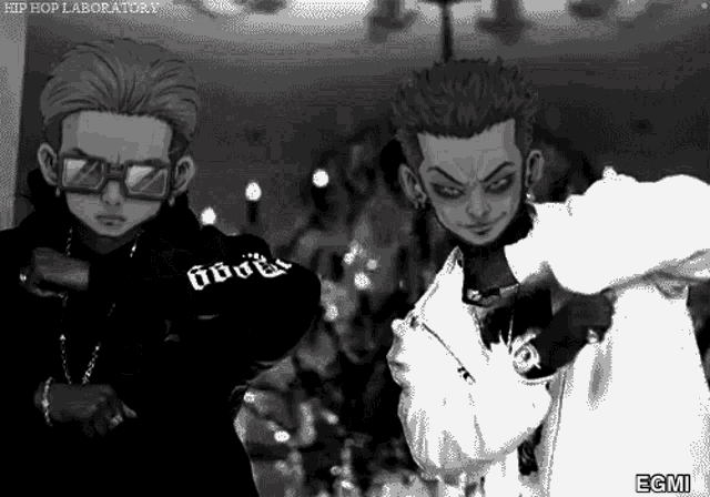 a black and white drawing of two men with the words hip hop laboratory on the bottom