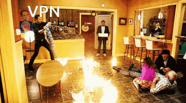 a room with a fire and the word vpn on the top