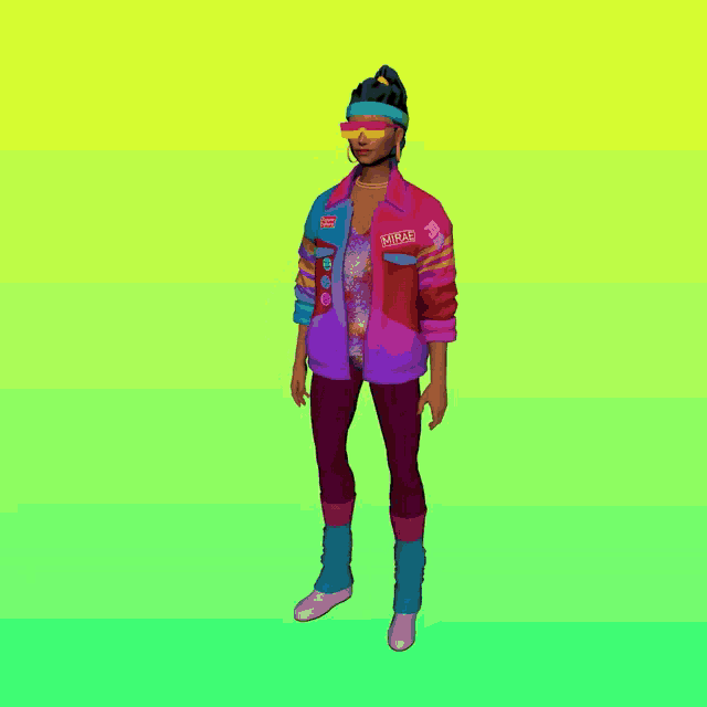 a woman wearing a colorful jacket that says mirae