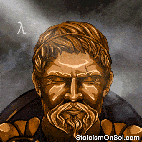 a statue of a man with a beard and a greek letter lambda