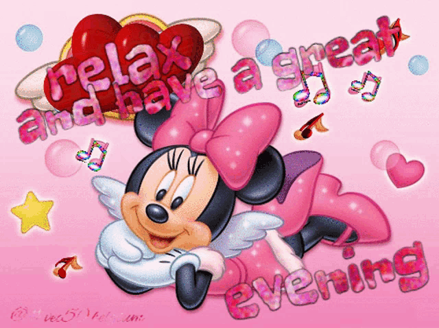 a cartoon of minnie mouse with the words relax and have a great evening