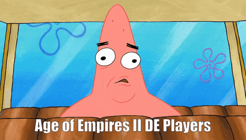 a cartoon of patrick star with the words age of empires ii de players on the bottom