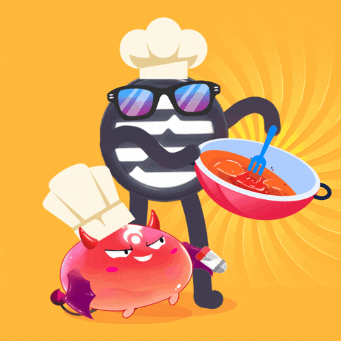 a cartoon character with a chef 's hat and sunglasses is holding a pot of food