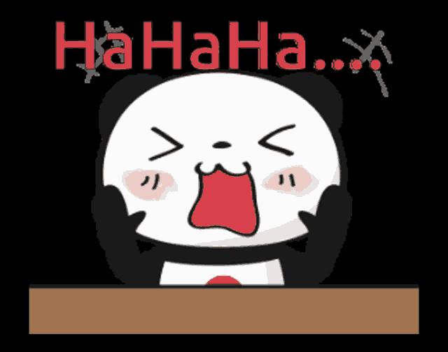 a cartoon panda bear is laughing with the words hahaha written above him