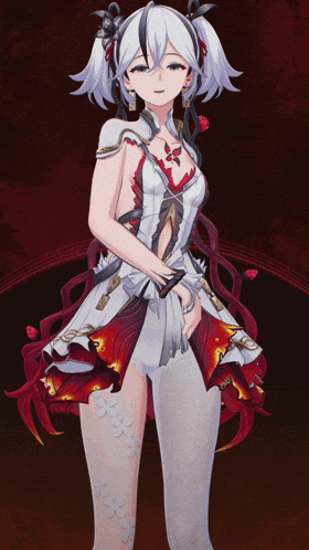 a girl in a red and white dress with a red background