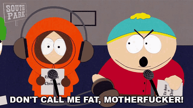 two south park characters singing into microphones with the words " do n't call me fat motherfucker " in the corner