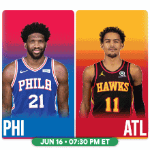 philadelphia and atl basketball players standing next to each other on a colorful background