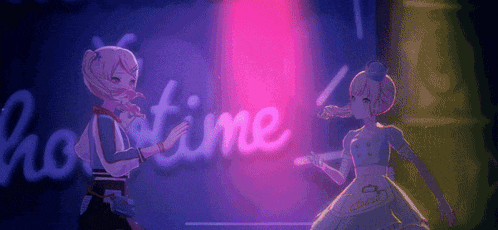 two anime girls are dancing on a stage in front of a neon sign that says `` hot time '' .