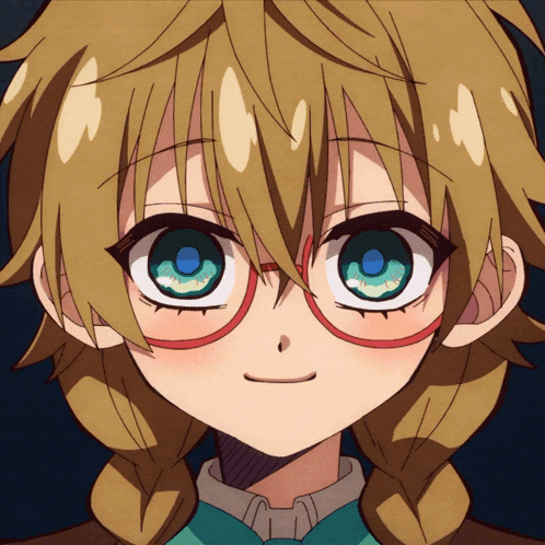 a close up of a anime character with braids and glasses