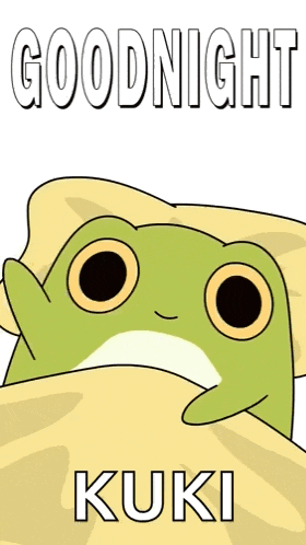 a frog is laying under a blanket with the words goodnight kuki written on it