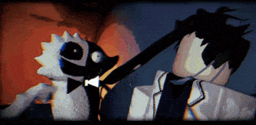 a man in a tuxedo is standing next to a stuffed animal with a bow tie
