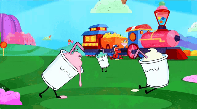a cartoon scene with a train in the background and a cup with a straw in it