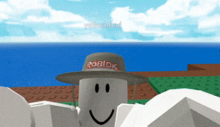 a cartoon character wearing a roblox hat stands in front of a body of water