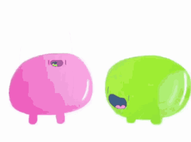 two cartoon characters , a pink and a green , are standing next to each other on a white background .