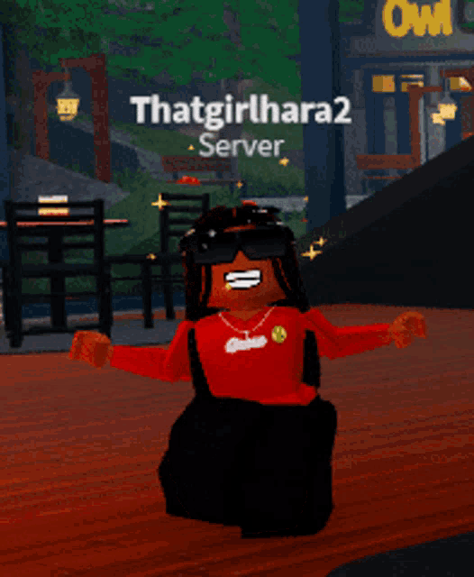 a girl in a red shirt is in a video game with the name thatgirlhara2 server