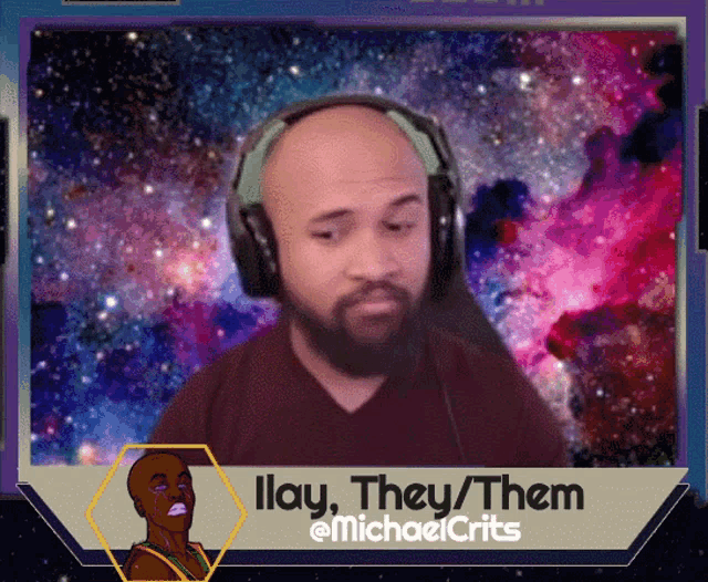 a man wearing headphones with the words ilay they them on the bottom