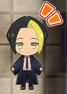 a cartoon character with black hair and yellow streaks