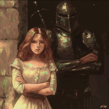 a painting of a woman standing next to a man in armor with a sword in his hand