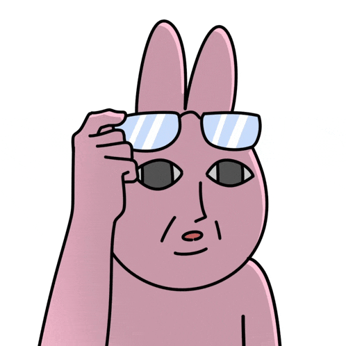 a cartoon of a pink rabbit with glasses on