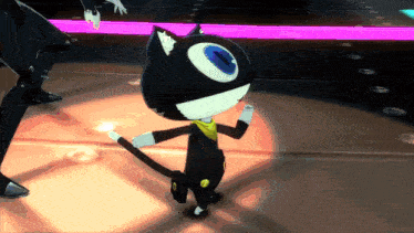a cartoon cat with a large blue eye is dancing on a stage