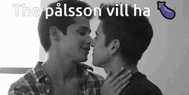 two men are kissing in front of a sign that says the palsson vill ha