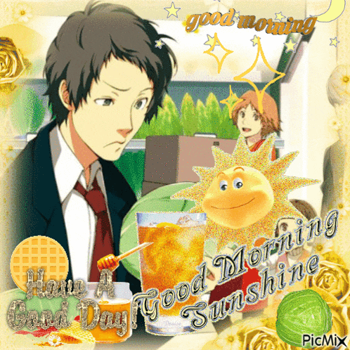 a picture of a man and a sun with the words good morning sunshine on the bottom
