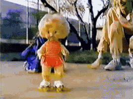 a doll wearing roller skates is standing in a puddle