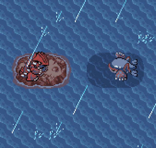 a pixel art drawing of a crab and a fish