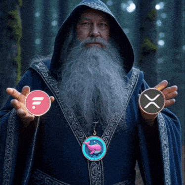 a man with a beard is holding two coins in his hands one of which has the letter x on it