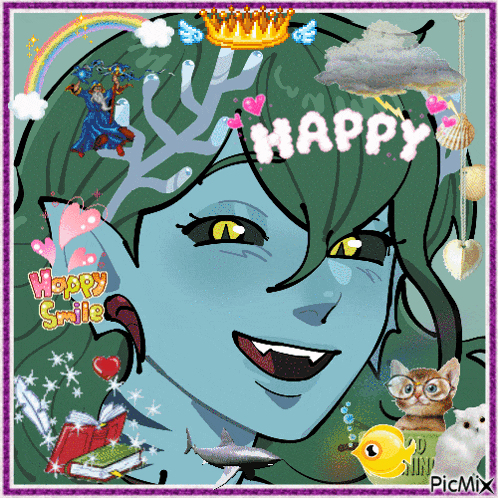 a picture of a mermaid with the words happy smile written on it